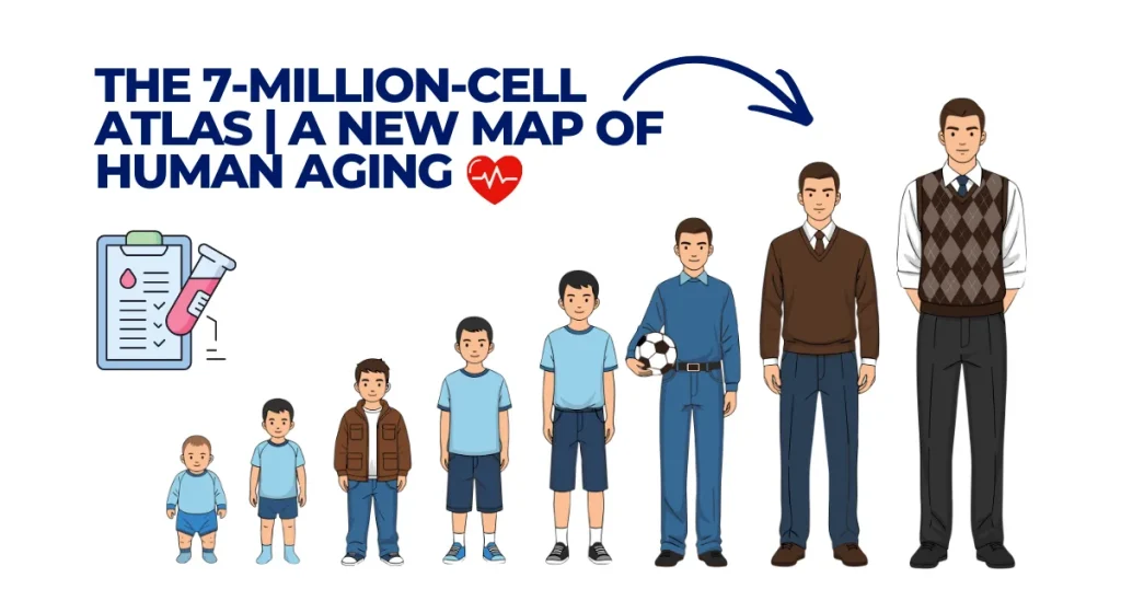 Illustration of the human aging process from infancy to adulthood featuring a 7-million-cell atlas graphic and medical clipboard.