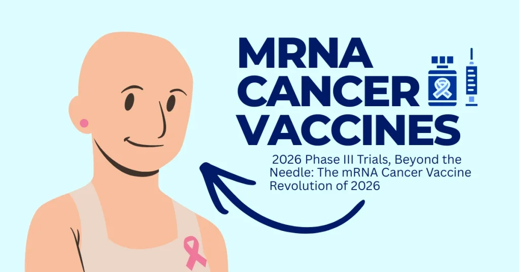 mRNA Cancer Vaccines | 2026 Phase III Trials Flat illustration of a smiling cancer survivor with a pink ribbon, next to text reading 'mRNA Cancer Vaccines: 2026 Phase III Trials' and a vaccine vial icon.