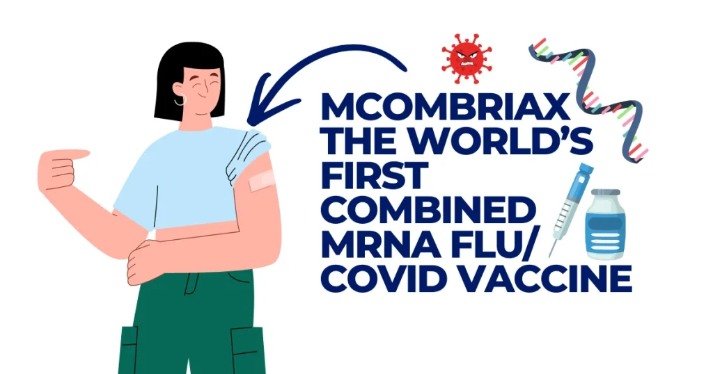 Graphic illustration for mCombriax, the world's first combined mRNA flu and COVID-19 vaccine, showing a woman pointing to a bandage on her arm next to a vaccine vial and syringe.