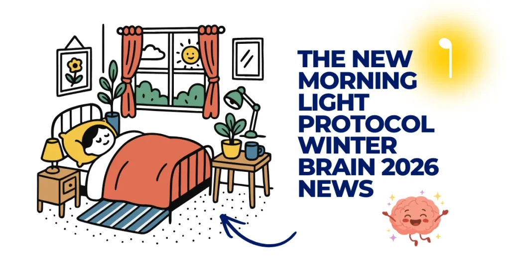 Illustration of a person waking up in a sunlit bedroom for The New Morning Light Protocol Winter Brain 2026 news.