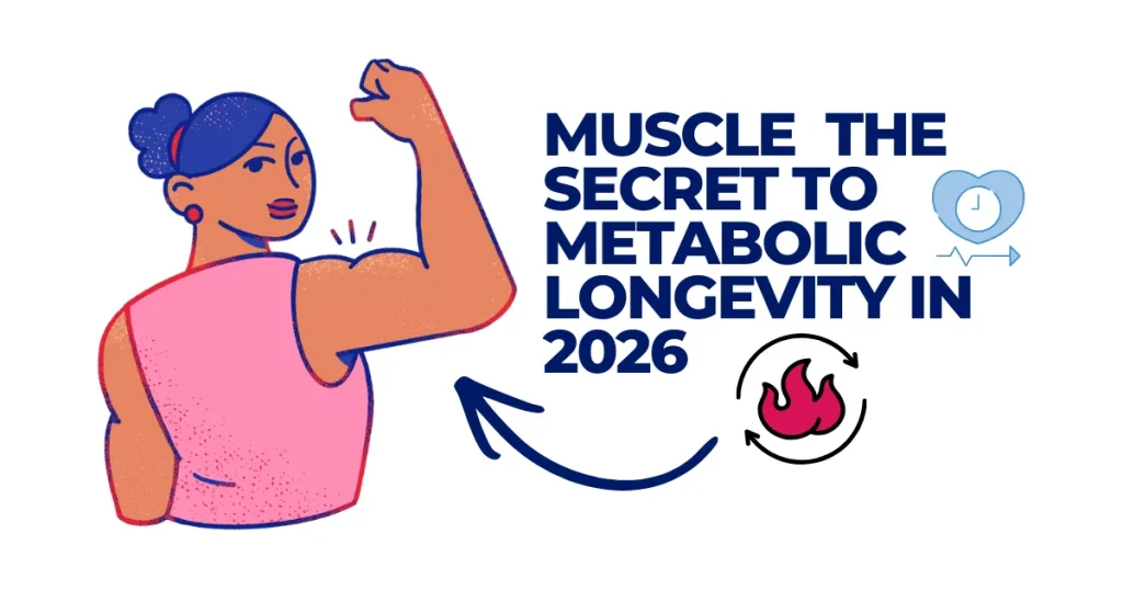 Illustration of a strong woman flexing her bicep with text "Muscle The Secret to Metabolic Longevity in 2026" and icons for metabolism and heart health.
