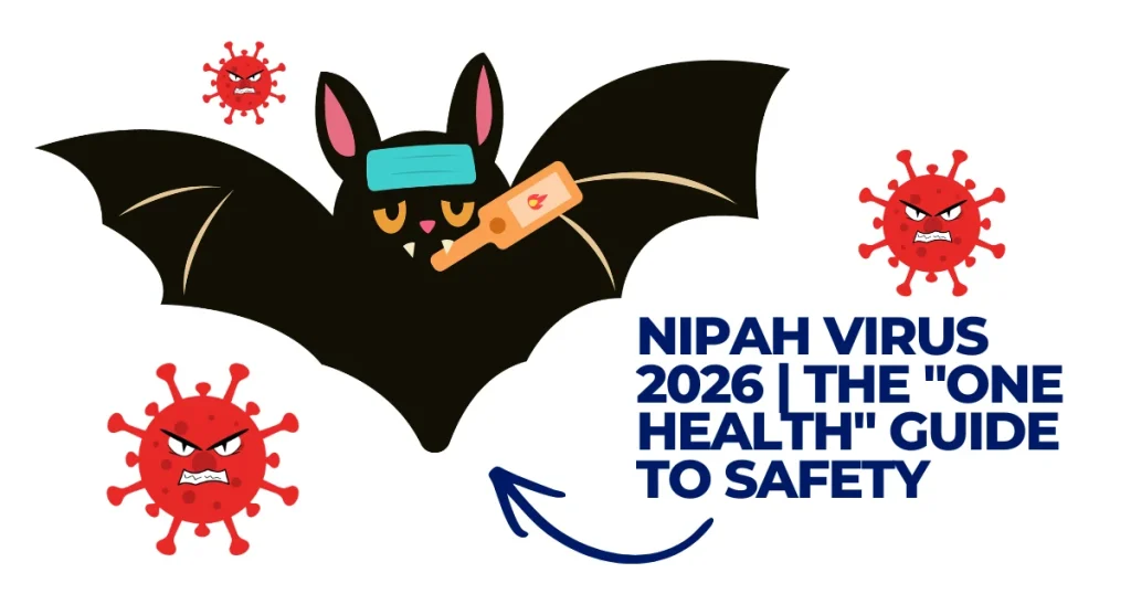 Illustration of a fruit bat with a fever patch and medicine bottle surrounded by Nipah virus molecules, titled Nipah Virus 2026 One Health Guide to Safety.