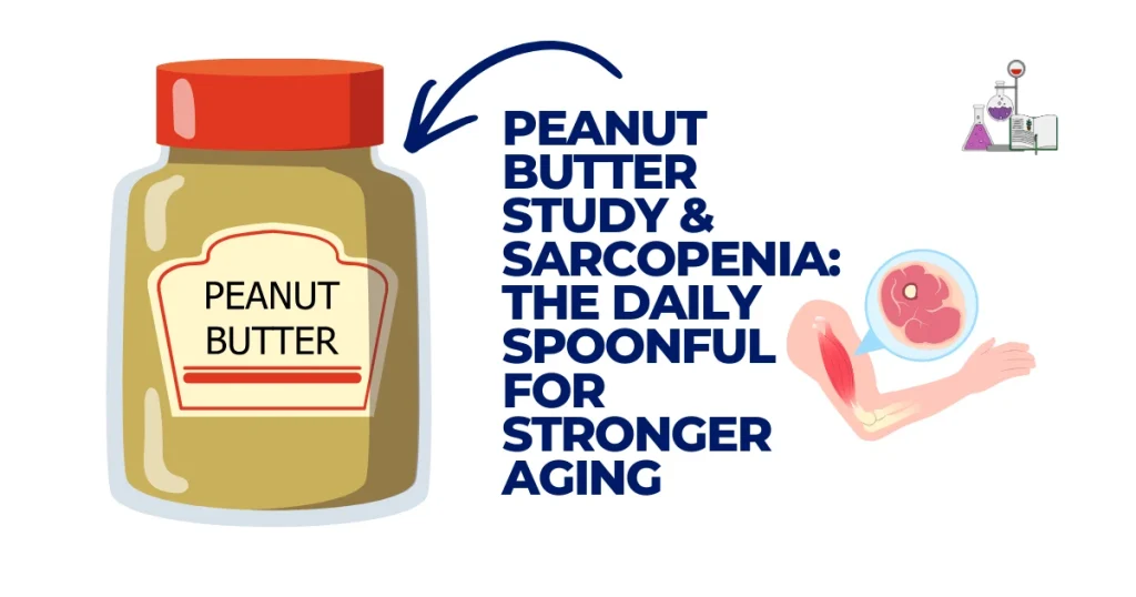 Peanut Butter Study Illustration of a peanut butter jar with text about a sarcopenia study and a diagram of arm muscle anatomy for healthy aging.