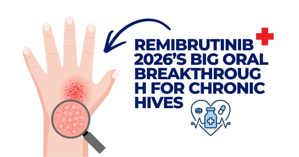 Illustration of a hand with chronic hives being examined by a magnifying glass, featuring text about Remibrutinib as a 2026 oral breakthrough treatment.