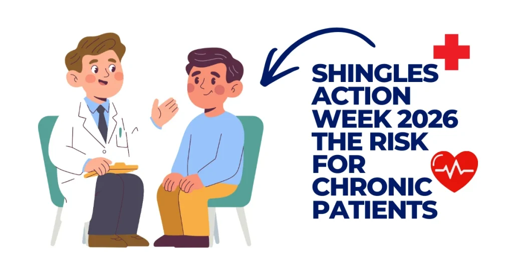 Illustration of a doctor consulting with a patient for Shingles Action Week 2026, highlighting the risk for chronic patients.