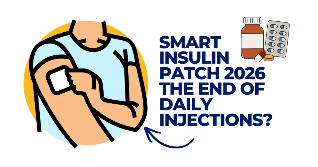 Smart Insulin Patch 2026 | The End of Daily Injections? Illustration of a person applying a smart insulin patch to their arm with medical pills and a bottle in the background, titled Smart Insulin Patch 2026: The End of Daily Injections.