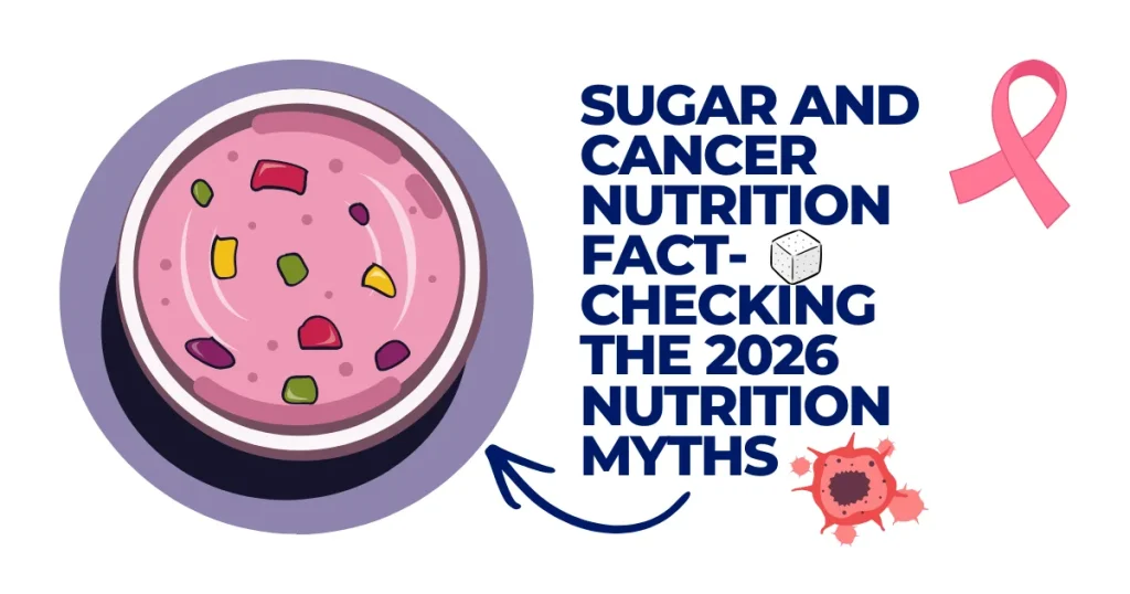 Sugar and Cancer Nutrition | Fact-Checking the 2026 Nutrition Myths Illustration for sugar and cancer nutrition myths 2026 featuring a pink smoothie bowl, a sugar cube icon, and a breast cancer awareness ribbon.