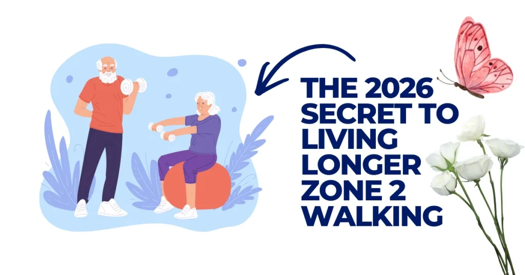 Illustration of an elderly couple exercising with dumbbells to represent Zone 2 walking and longevity secrets for 2026. Secret to Living Longer .