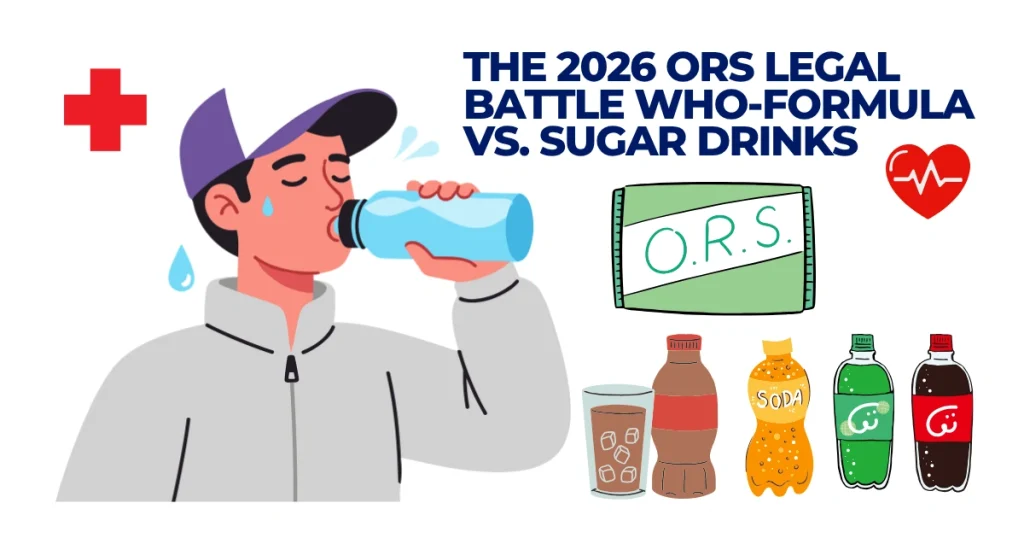 The 2026 ORS Legal Battle: WHO-Formula vs. Sugar Drinks Illustration showing a man drinking water next to an ORS packet and sugary soda bottles, highlighting the 2026 legal battle between WHO-formula ORS and sugar drinks.