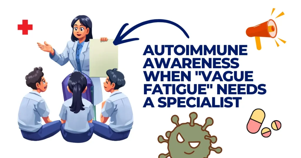 Autoimmune Awareness: When "Vague Fatigue" Needs a Specialist 2026 Illustration of a female doctor educating a group of patients about autoimmune awareness and when vague fatigue requires a medical specialist.