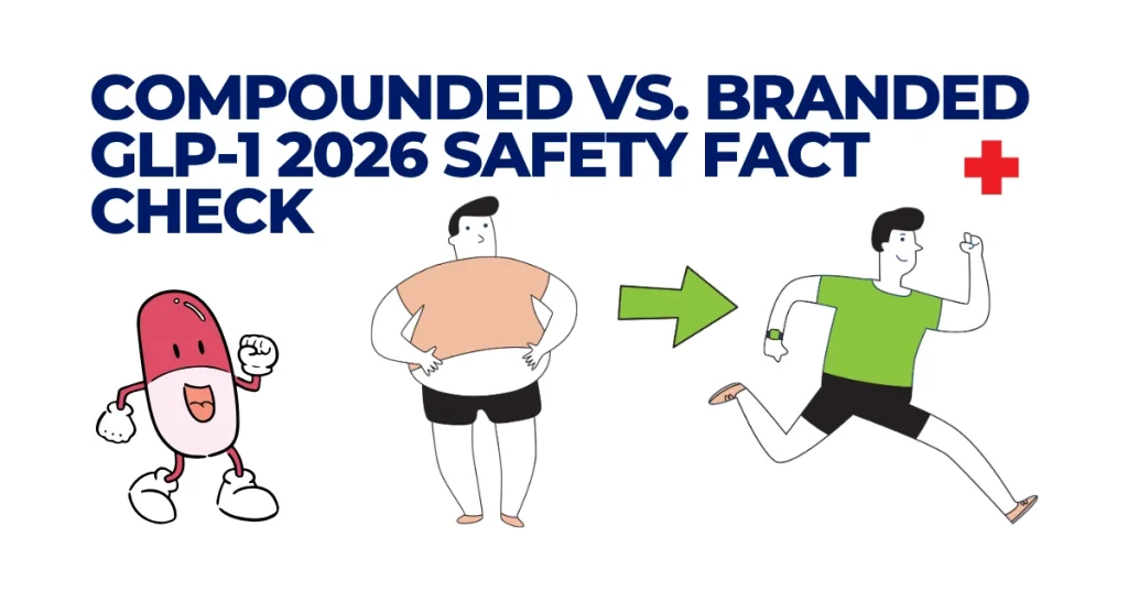 Compounded vs. Branded GLP-1: 2026 Safety Fact Check Graphic comparing compounded and branded GLP-1 weight loss medications with illustrations showing a weight loss transformation and a safety fact check headline.