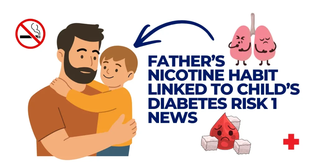 Illustration of a father holding his child with icons representing smoking cessation and diabetes risk factors. Nicotine Habit