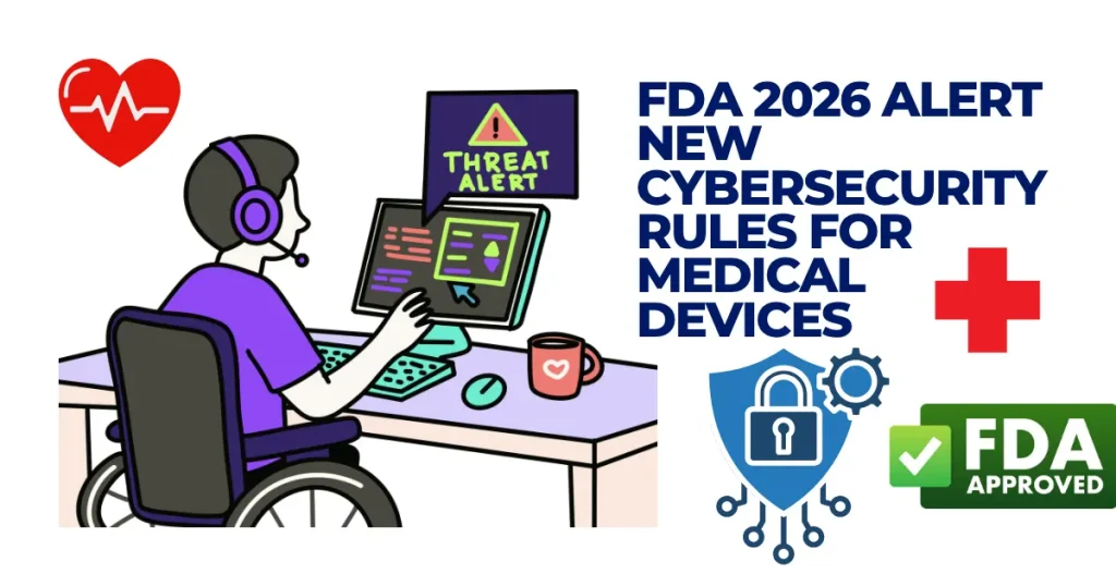 Illustration of a person in a wheelchair using a computer with a threat alert, representing the FDA 2026 cybersecurity rules for medical devices and patient data protection.