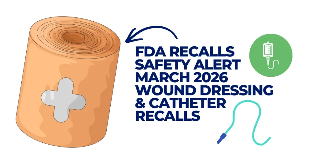 Illustration of a medical wound dressing roll and a catheter with text overlay announcing FDA Recalls and Safety Alert for March 2026.