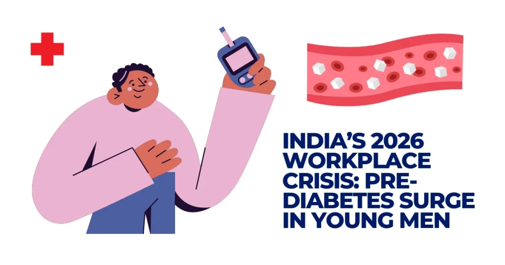 Illustration of a young Indian man holding a glucose monitor next to a blood vessel showing high sugar levels, representing the 2026 pre-diabetes surge.