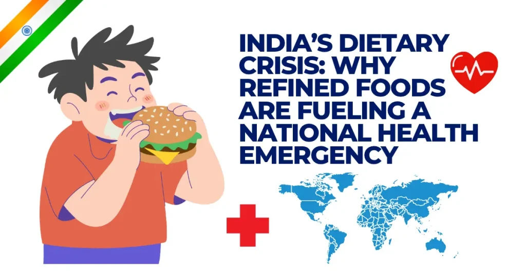 For Refined Food India’s Disease Burden | The Main Hidden Cost No 1 An illustration showing a person eating a burger next to text about India's dietary crisis and the health risks of refined foods, featuring a heart icon and world map. Refined foods