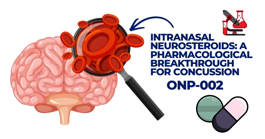 Medical illustration showing a human brain and red blood cells through a magnifying glass, promoting ONP-002 intranasal neurosteroids as a concussion treatment.