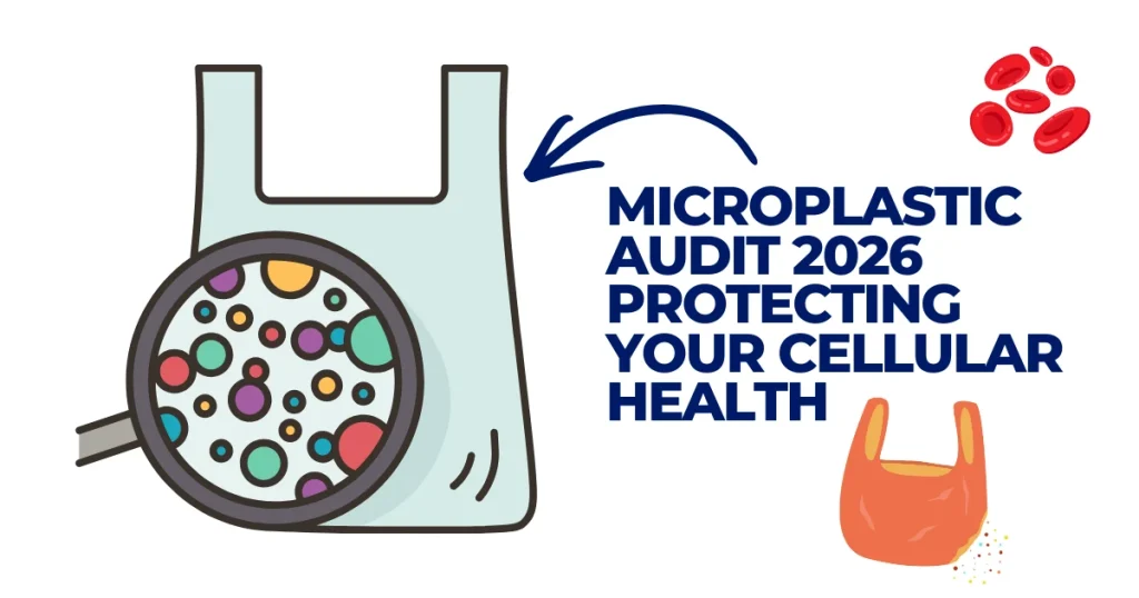 Microplastic Audit 2026 | Protecting Your Cellular Health Graphic illustration for Microplastic Audit 2026 showing a magnifying glass over a plastic bag revealing colorful microparticles, alongside red blood cells to represent cellular health impacts.