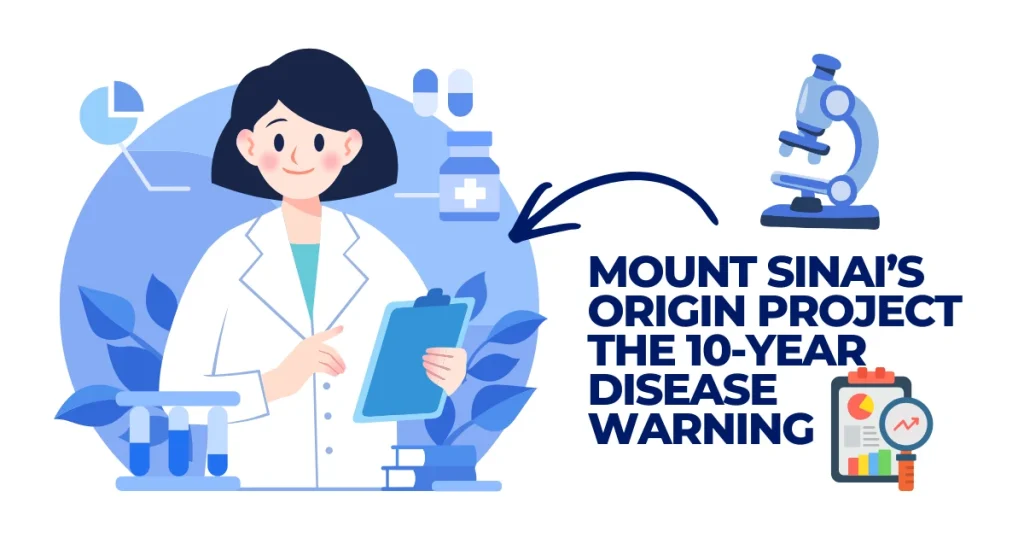 Illustration of a female scientist with a microscope and medical icons for Mount Sinai’s ORIGIN Project 10-year disease warning.