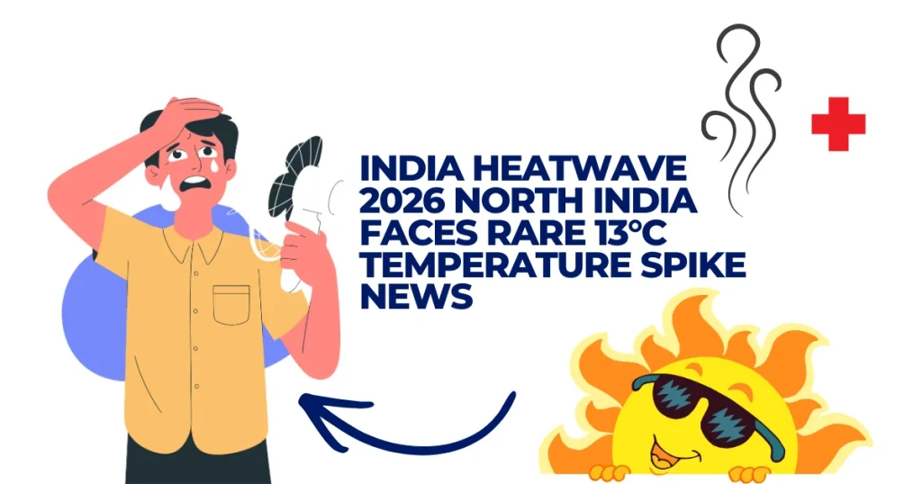 Illustration of a man sweating profusely holding a fan, with text reading "India Heatwave 2026: North India Faces Rare 13°C Temperature Spike News."