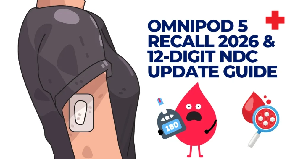 Omnipod 5 Recall 2026 & 12-Digit NDC Update Guide Illustration of a person wearing an Omnipod 5 insulin pump on their arm next to text about the 2026 recall and a 12-digit NDC update guide. Omnipod 5 Recall