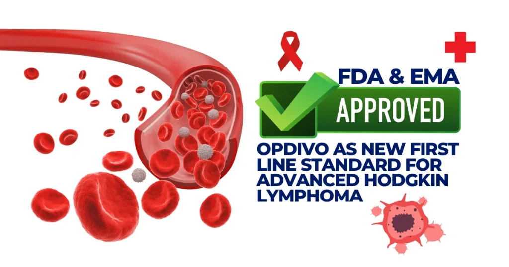 Opdivo Approved: New Era for Hodgkin Lymphoma Treatment 2026 Illustration of blood cells showing Opdivo (Nivolumab) FDA and EMA approval as a new first-line standard treatment for advanced Hodgkin Lymphoma.