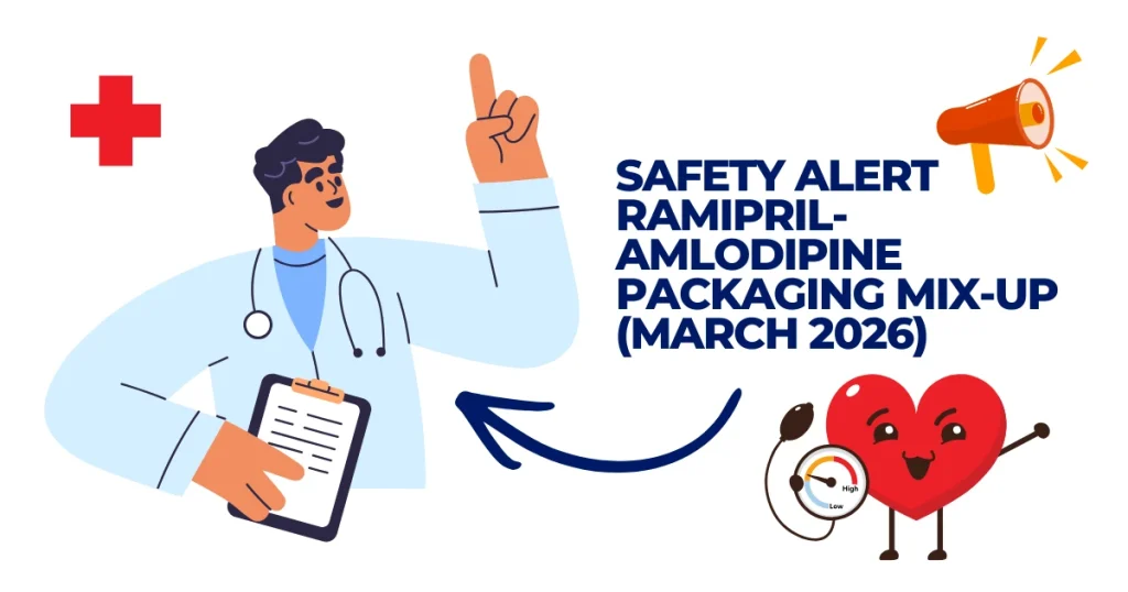Illustration of a healthcare professional pointing to a safety alert regarding a Recall Ramipril-Amlodipine medication packaging mix-up in March 2026, featuring a heart icon and blood pressure gauge.