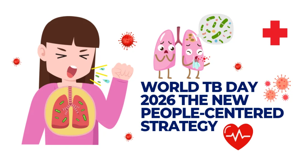 Illustration for World TB Day 2026 featuring a woman coughing, infected lungs, and text about the new people-centered strategy for tuberculosis awareness.