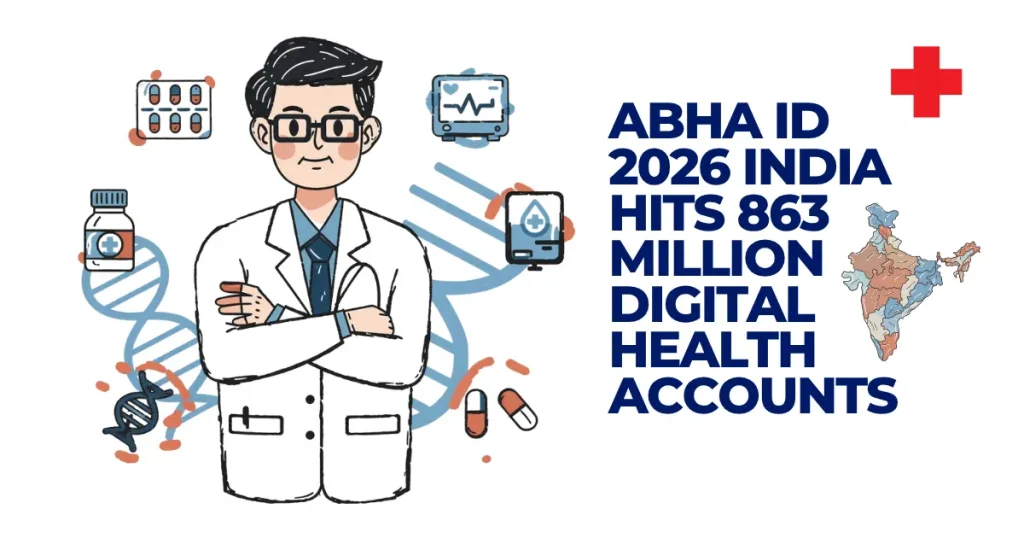 ABHA ID 2026 News : India Hits 863 Million Digital Health Accounts Illustration of a healthcare professional next to text stating ABHA ID 2026 India hits 863 million digital health accounts, featuring a map of India and medical icons.