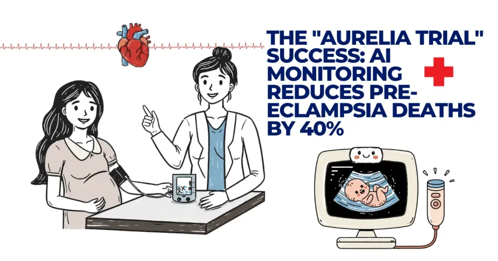 Aurelia Trial: AI Wearables Slash Maternal Mortality Illustration for the Aurelia Trial showing a doctor using a digital blood pressure monitor on a pregnant woman, with text stating that AI monitoring reduces pre-eclampsia deaths by 40%.