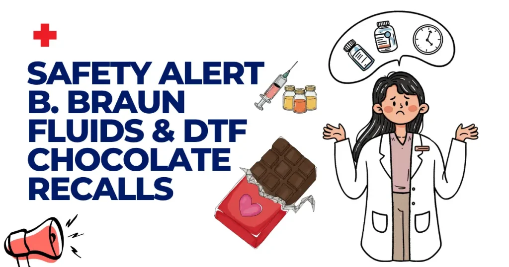 Graphic illustration showing a concerned pharmacist next to medical vials, a syringe, and a chocolate bar, with bold text reading "Safety Alert: B. Braun Fluids & DTF Chocolate Recalls."