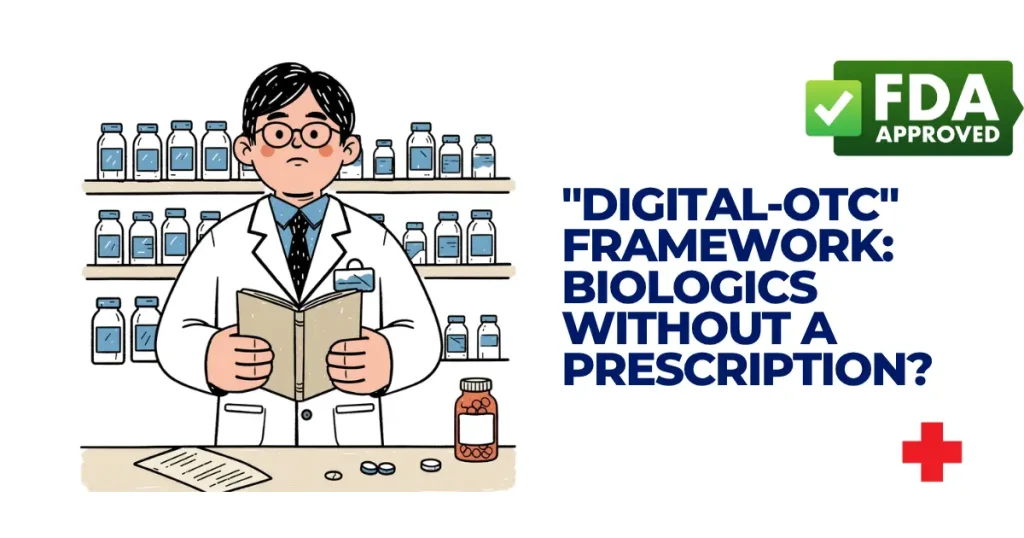 FDA "Digital-OTC" Framework: Biologics Without a Prescription? An illustration of a pharmacist reading a medical book in a pharmacy with text discussing the Digital-OTC framework and prescription-free biologics.