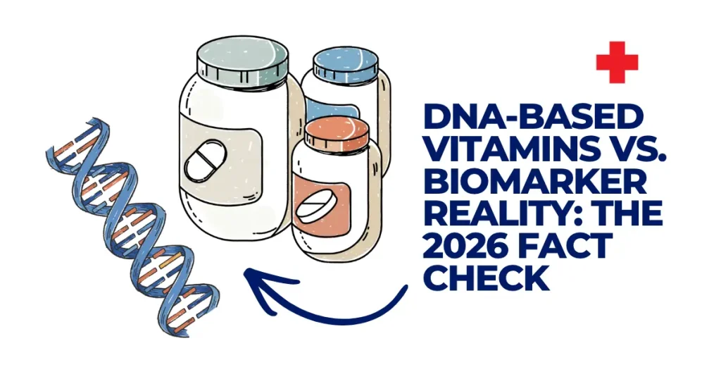 DNA-Based Vitamins vs. Blood Panels: The 2026 Supplement Fact Check llustrative graphic comparing a DNA double helix with pharmaceutical supplement bottles, featuring the text 'DNA-Based Vitamins vs. Biomarker Reality: The 2026 Fact Check' with a red medical cross icon.