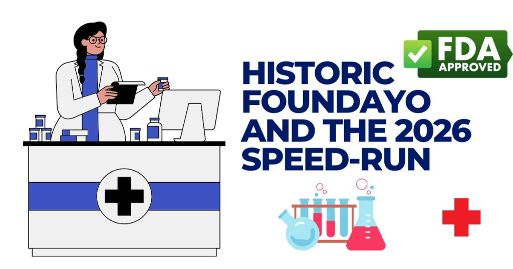 Illustration of a pharmacist behind a counter with text reading Historic Foundayo and the 2026 Speed-Run next to an FDA Approved badge.