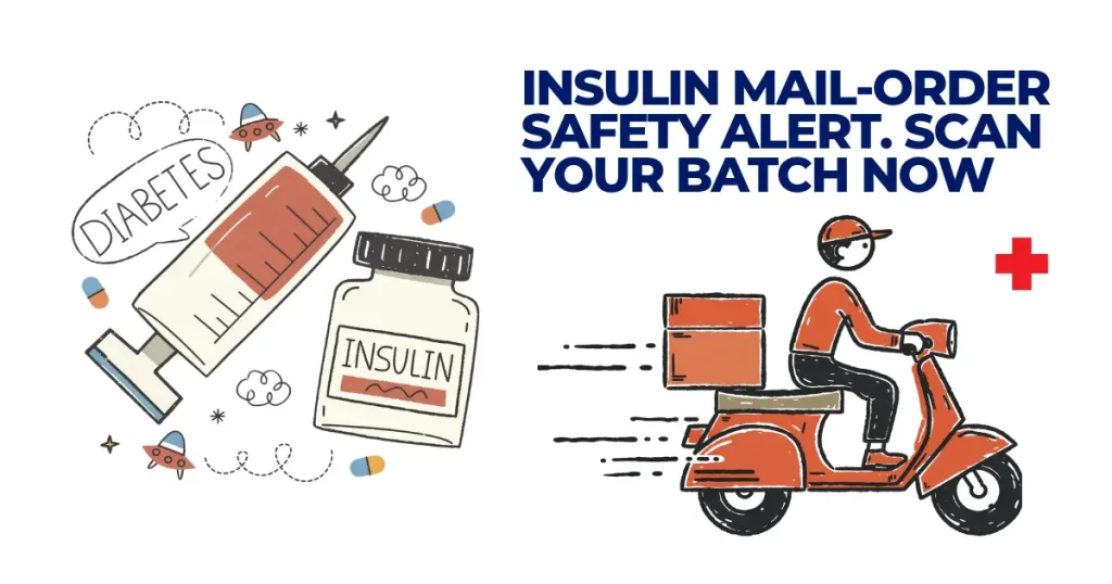 Graphic illustration featuring an insulin syringe and vial alongside a delivery person on a scooter with the text "Insulin Mail-Order Safety Alert. Scan Your Batch Now."