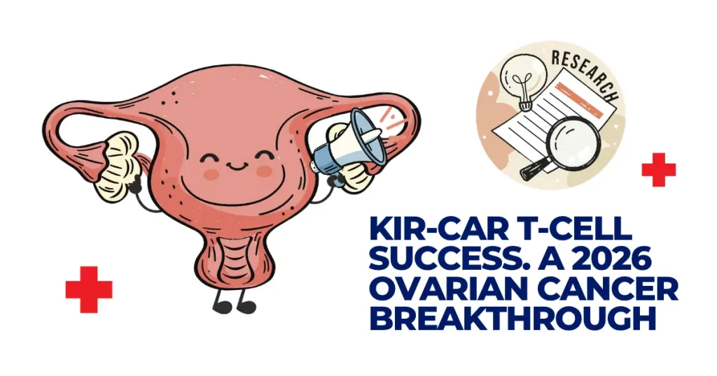 KIR-CAR T-Cell Success: A 2026 Ovarian Cancer Breakthrough A cartoon illustration of a happy uterus holding a megaphone next to research icons, announcing the success of KIR-CAR T-cell therapy as a 2026 ovarian cancer breakthrough.