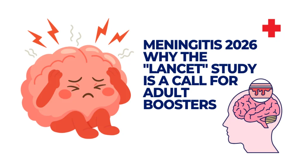 Illustration showing a brain in pain and a medical diagram of meningitis inflammation, highlighting the 2026 Lancet study's findings on the necessity of adult meningitis boosters.