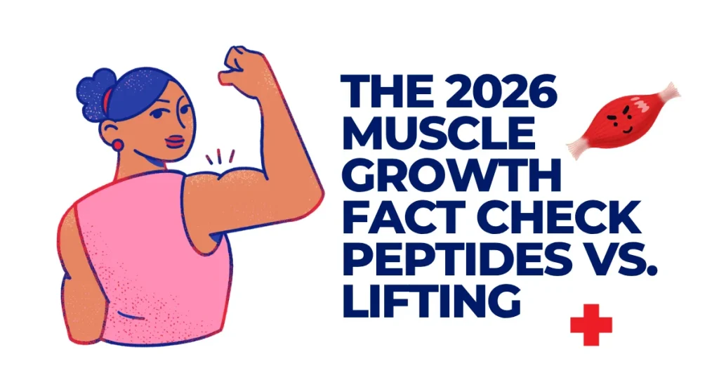 Illustration of a woman flexing her arm next to a muscular fiber icon, comparing peptides versus weightlifting for muscle growth.