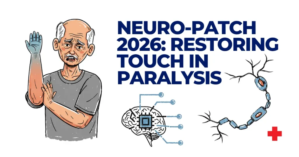 Illustration of an elderly man with a paralyzed arm next to a brain-chip interface and a neuron, titled 'Neuro-Patch 2026: Restoring Touch in Paralysis'.
