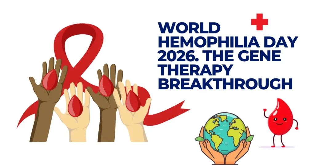 Graphic for World Hemophilia Day 2026 featuring diverse hands holding blood droplets, a red ribbon, and text about the gene therapy breakthrough.